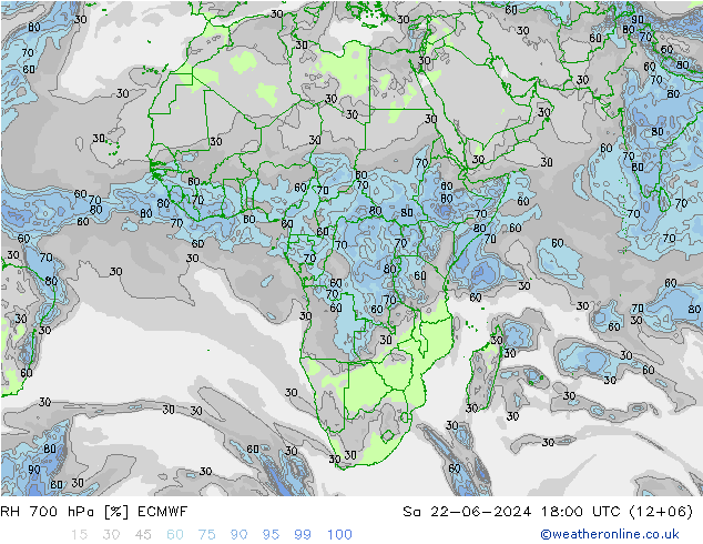 Humidité rel. 700 hPa ECMWF sam 22.06.2024 18 UTC