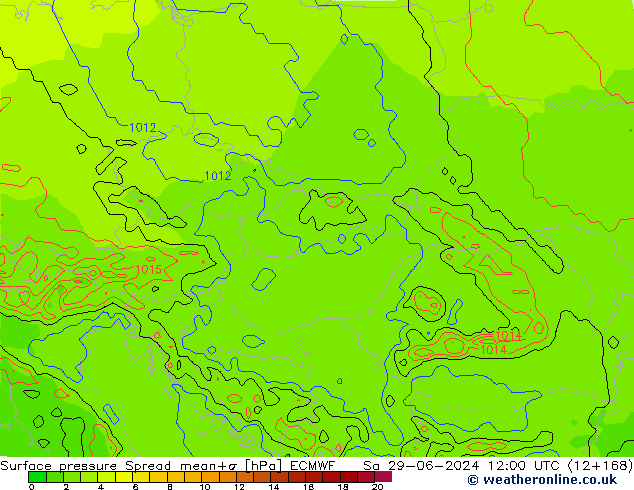 Atmosférický tlak Spread ECMWF So 29.06.2024 12 UTC