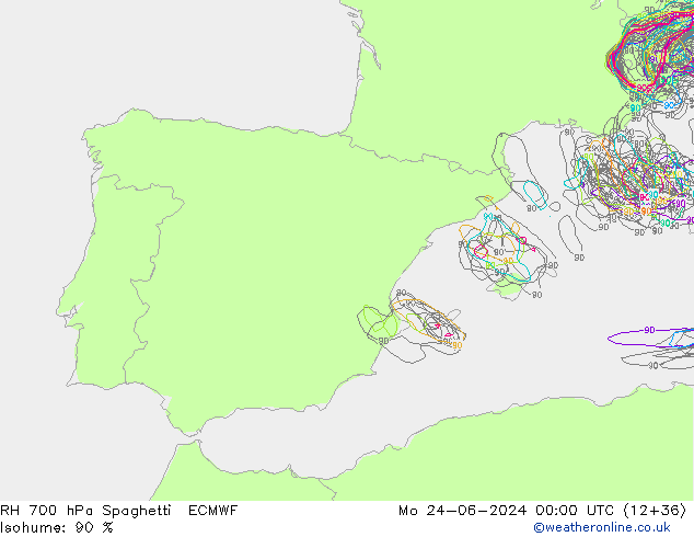 RH 700 hPa Spaghetti ECMWF Mo 24.06.2024 00 UTC