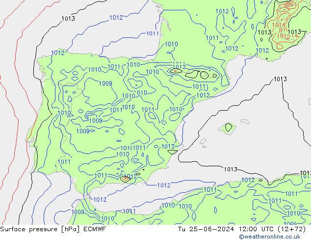 Surface pressure ECMWF Tu 25.06.2024 12 UTC