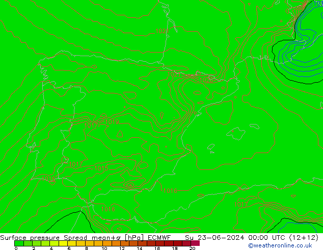 Luchtdruk op zeeniveau Spread ECMWF zo 23.06.2024 00 UTC