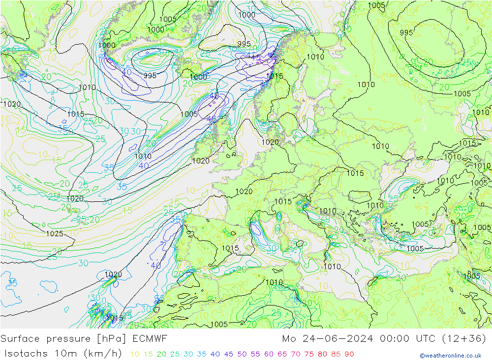 Isotachs (kph) ECMWF  24.06.2024 00 UTC