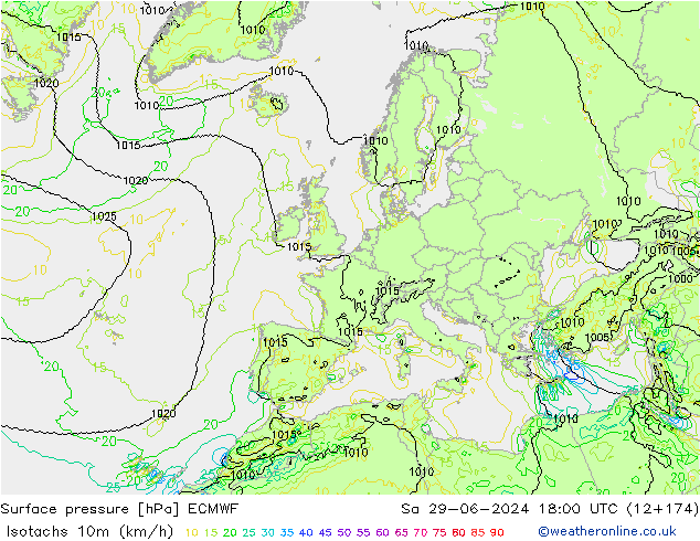 Isotachen (km/h) ECMWF za 29.06.2024 18 UTC
