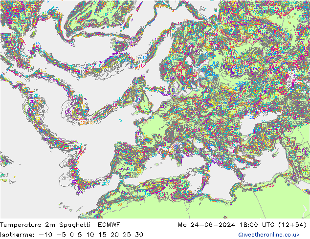 Temperatura 2m Spaghetti ECMWF lun 24.06.2024 18 UTC