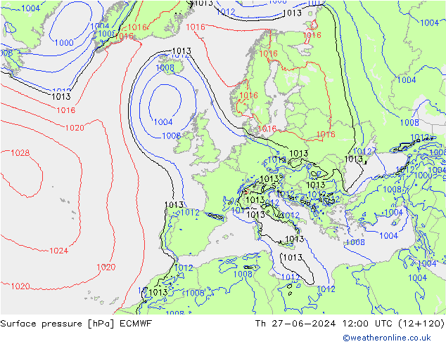 pressão do solo ECMWF Qui 27.06.2024 12 UTC