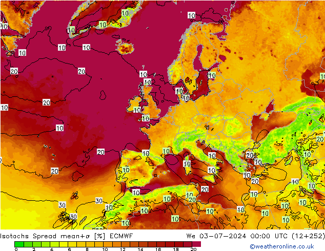 Isotachs Spread ECMWF mer 03.07.2024 00 UTC