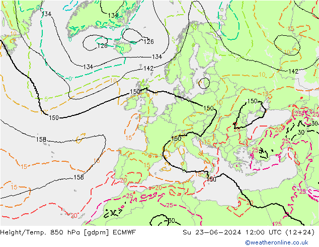 Height/Temp. 850 гПа ECMWF Вс 23.06.2024 12 UTC