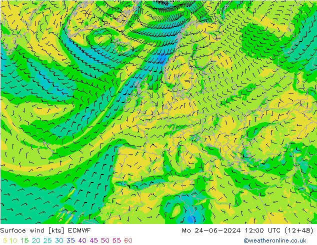 Surface wind ECMWF Mo 24.06.2024 12 UTC