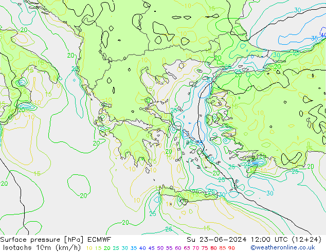 Isotachs (kph) ECMWF Su 23.06.2024 12 UTC