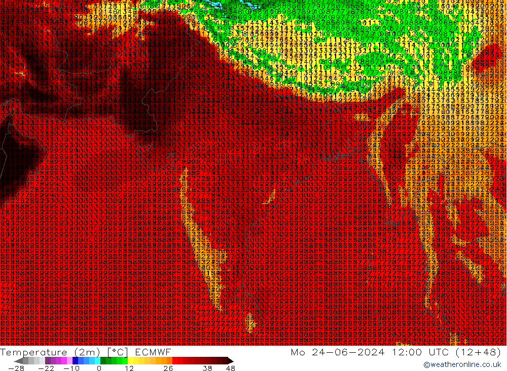 Temperature (2m) ECMWF Mo 24.06.2024 12 UTC