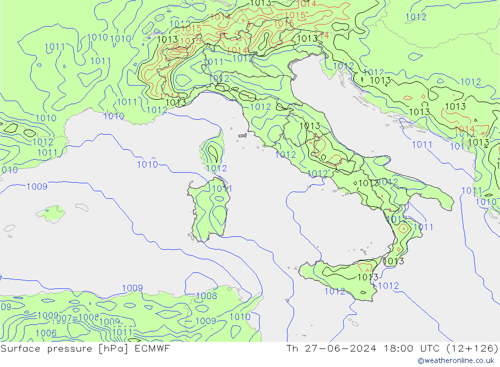 Pressione al suolo ECMWF gio 27.06.2024 18 UTC