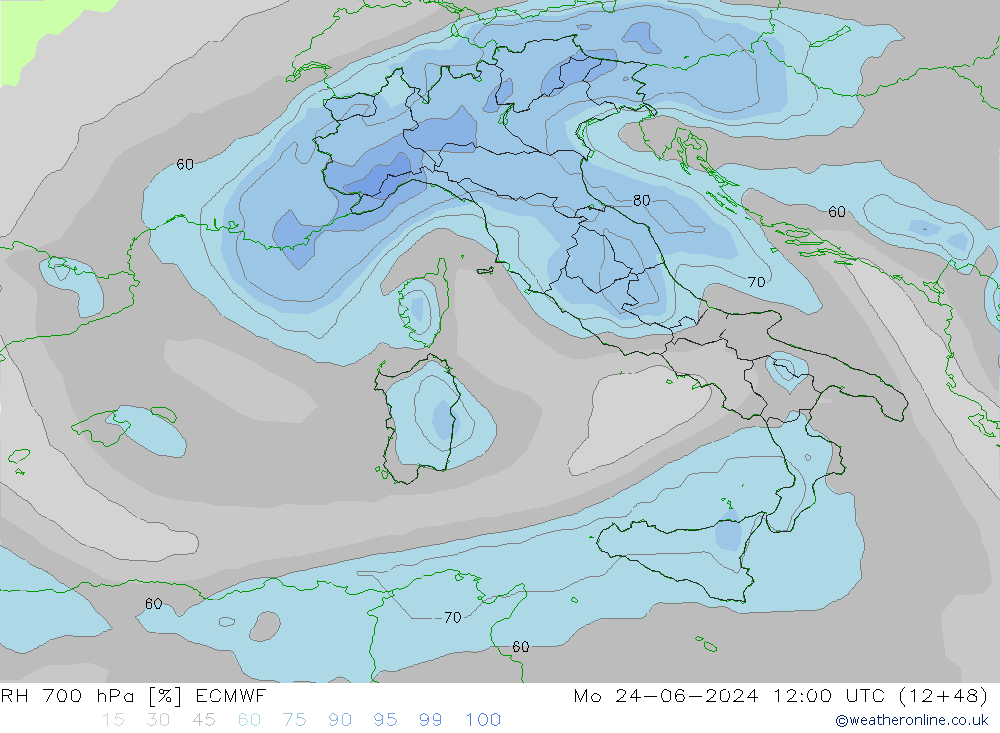 RH 700 гПа ECMWF пн 24.06.2024 12 UTC