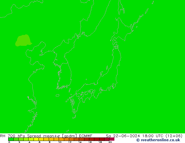 Humedad rel. 700hPa Spread ECMWF sáb 22.06.2024 18 UTC