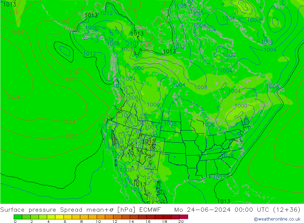 Surface pressure Spread ECMWF Mo 24.06.2024 00 UTC
