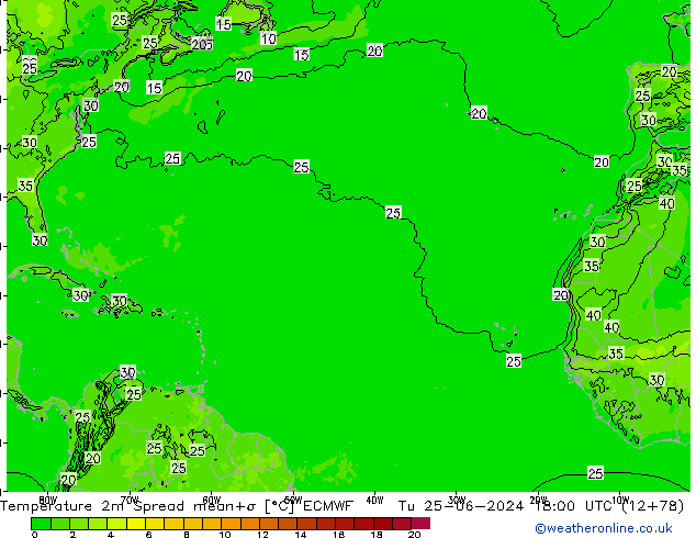 Temperature 2m Spread ECMWF Tu 25.06.2024 18 UTC