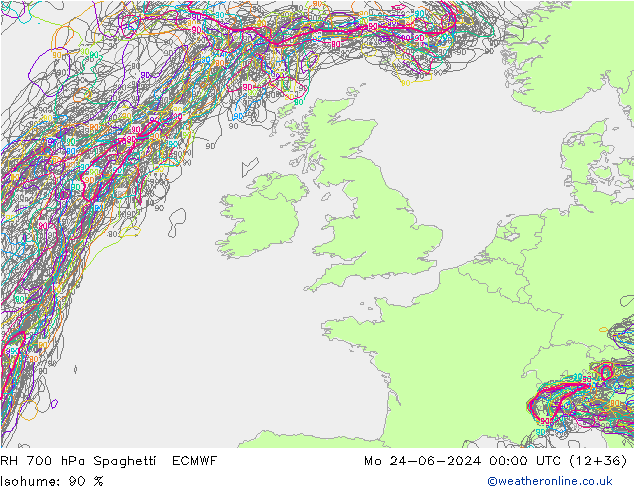 Humidité rel. 700 hPa Spaghetti ECMWF lun 24.06.2024 00 UTC