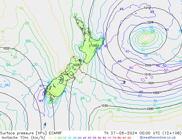 Isotachs (kph) ECMWF Čt 27.06.2024 00 UTC