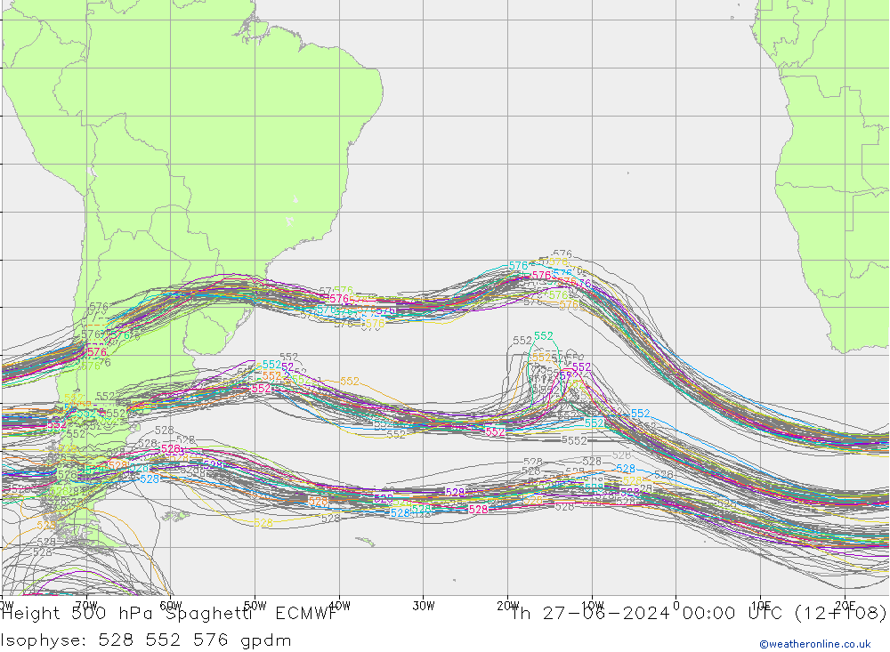 Height 500 гПа Spaghetti ECMWF чт 27.06.2024 00 UTC