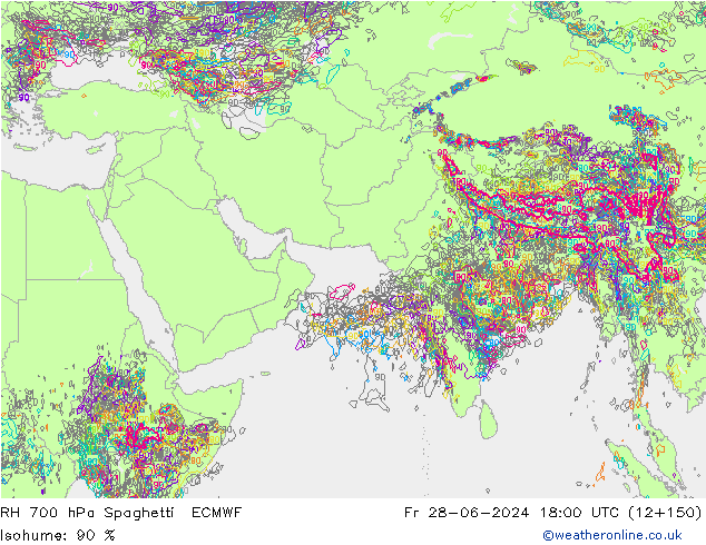 RH 700 hPa Spaghetti ECMWF ven 28.06.2024 18 UTC