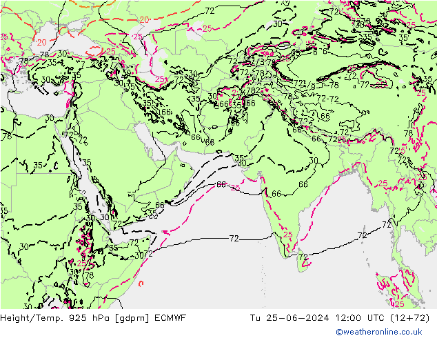 Hoogte/Temp. 925 hPa ECMWF di 25.06.2024 12 UTC