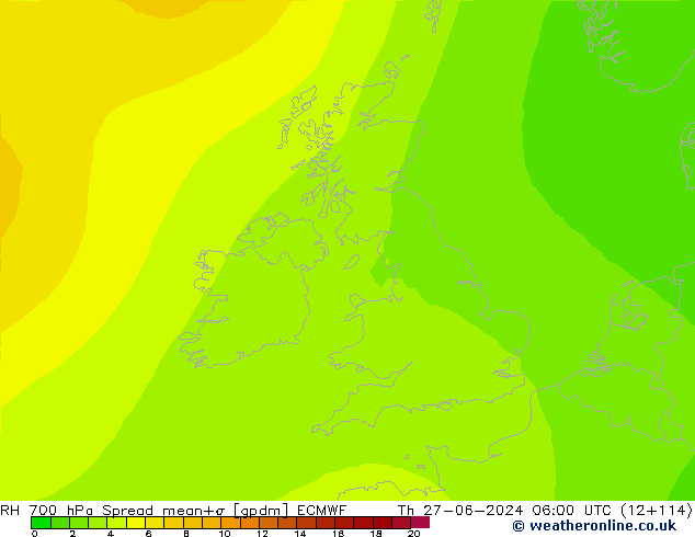 Humidité rel. 700 hPa Spread ECMWF jeu 27.06.2024 06 UTC