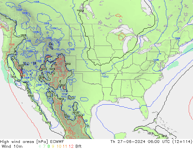 High wind areas ECMWF Čt 27.06.2024 06 UTC