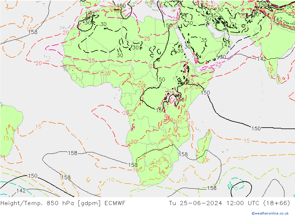 Height/Temp. 850 hPa ECMWF Ter 25.06.2024 12 UTC