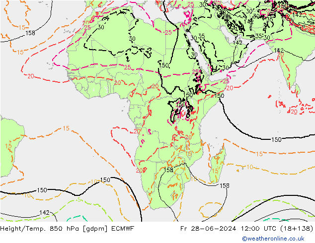 Hoogte/Temp. 850 hPa ECMWF vr 28.06.2024 12 UTC