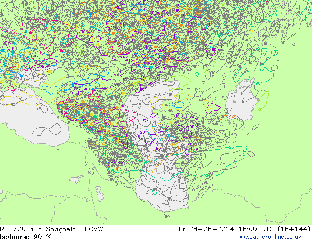 RH 700 гПа Spaghetti ECMWF пт 28.06.2024 18 UTC