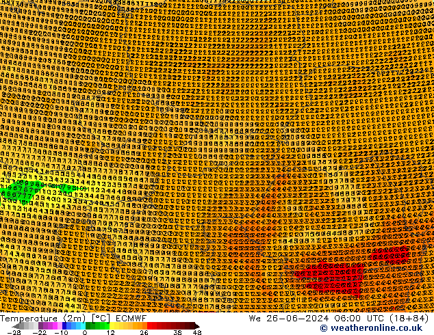mapa temperatury (2m) ECMWF śro. 26.06.2024 06 UTC