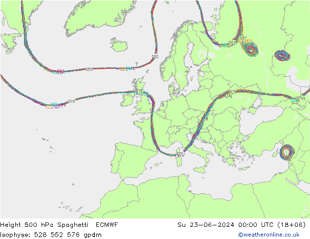 Hoogte 500 hPa Spaghetti ECMWF zo 23.06.2024 00 UTC