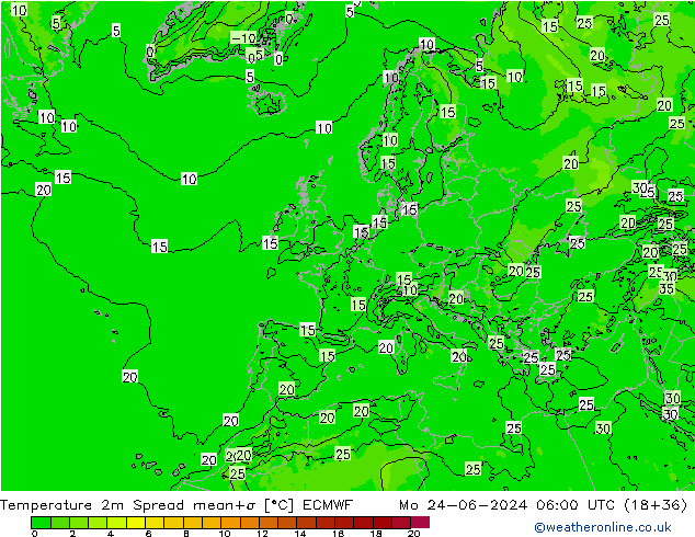 Temperature 2m Spread ECMWF Mo 24.06.2024 06 UTC