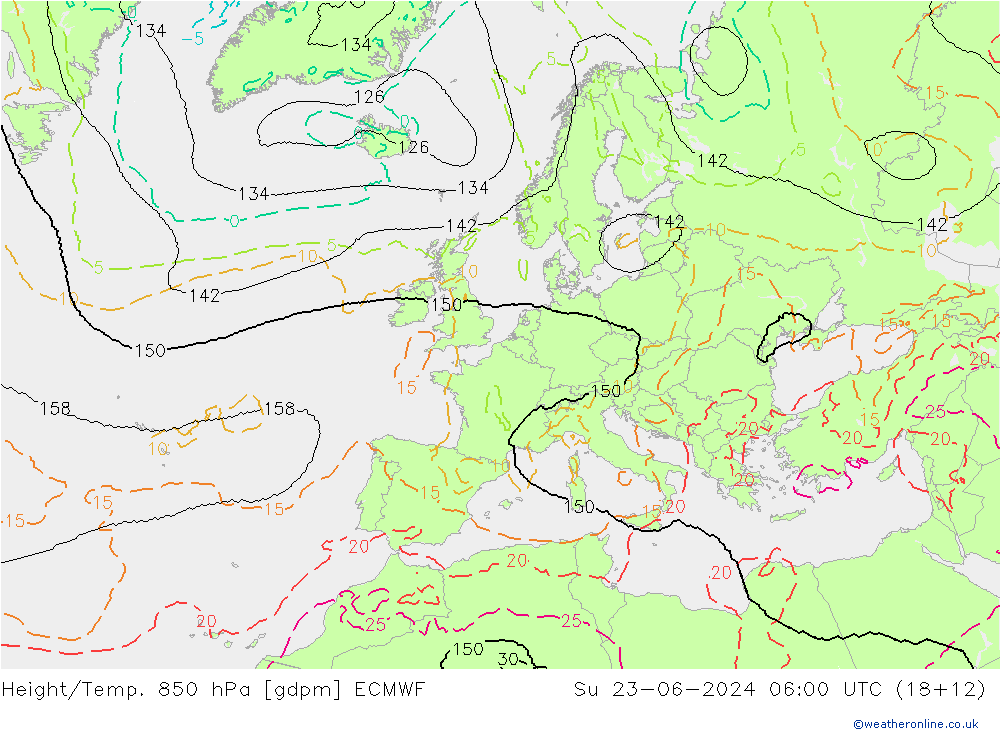 Height/Temp. 850 hPa ECMWF dom 23.06.2024 06 UTC