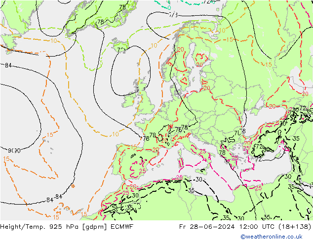 Height/Temp. 925 hPa ECMWF Fr 28.06.2024 12 UTC