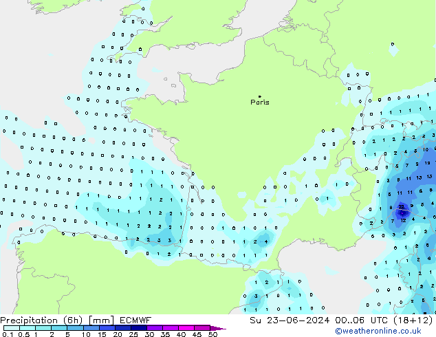 Precipitation (6h) ECMWF Su 23.06.2024 06 UTC