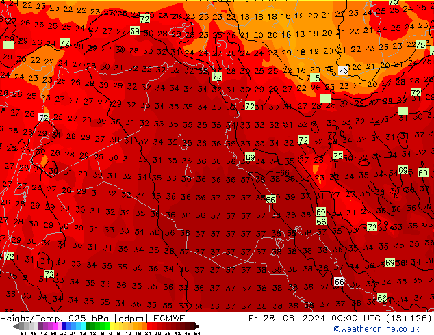 Height/Temp. 925 hPa ECMWF Pá 28.06.2024 00 UTC