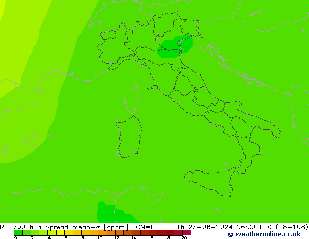 Humidité rel. 700 hPa Spread ECMWF jeu 27.06.2024 06 UTC