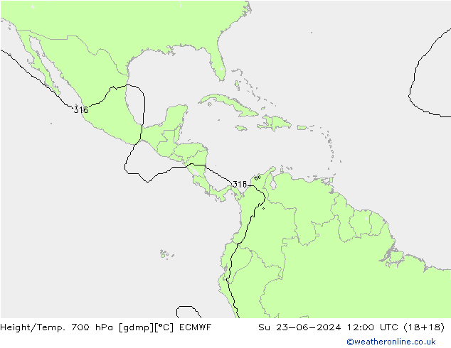 Hoogte/Temp. 700 hPa ECMWF zo 23.06.2024 12 UTC