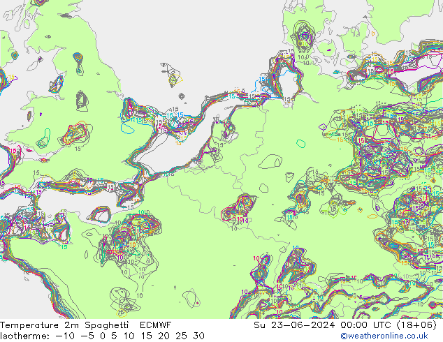 Temperature 2m Spaghetti ECMWF Su 23.06.2024 00 UTC