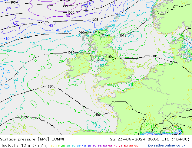 Isotachs (kph) ECMWF Su 23.06.2024 00 UTC