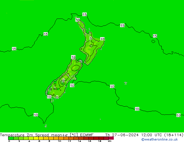 Temperature 2m Spread ECMWF Th 27.06.2024 12 UTC