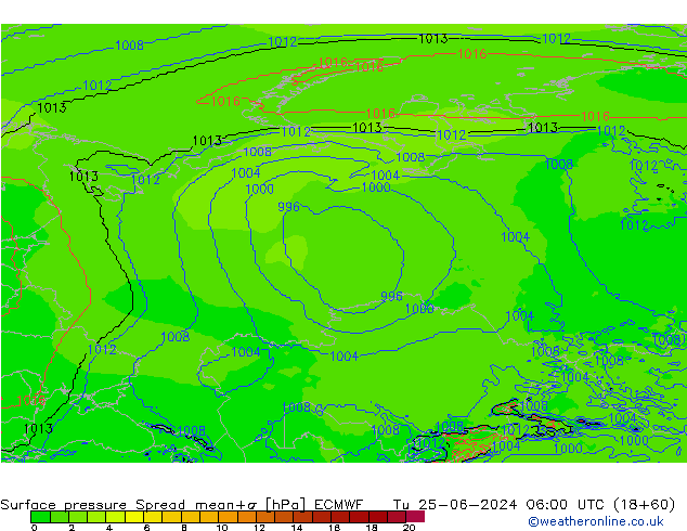 Surface pressure Spread ECMWF Tu 25.06.2024 06 UTC