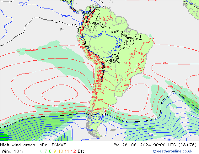 High wind areas ECMWF We 26.06.2024 00 UTC