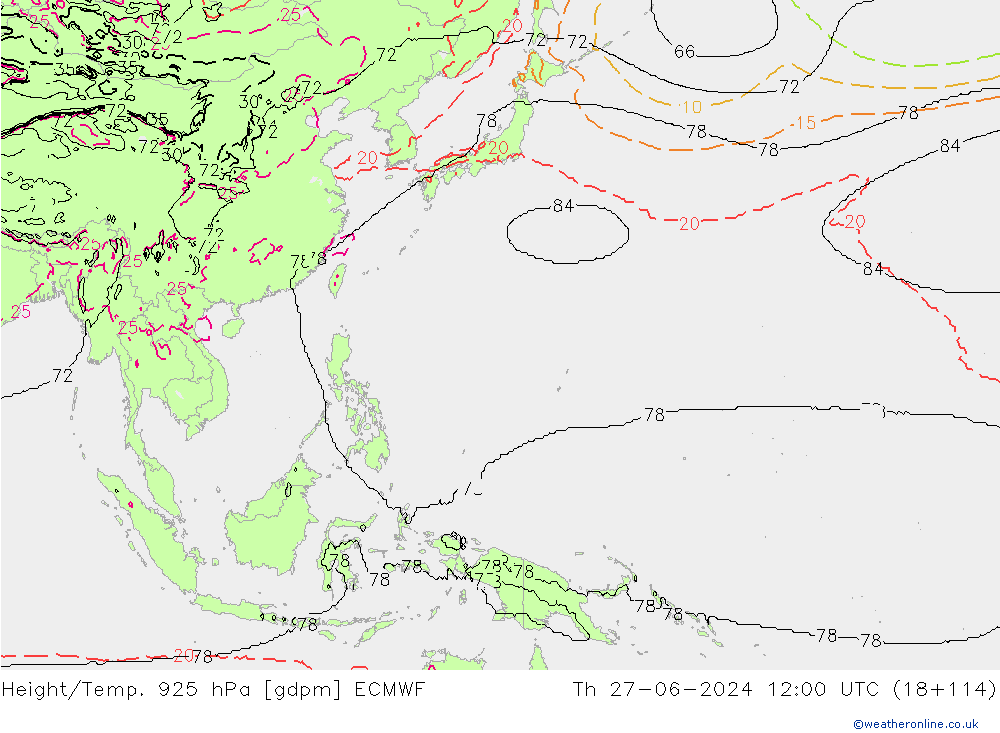 Height/Temp. 925 hPa ECMWF Čt 27.06.2024 12 UTC