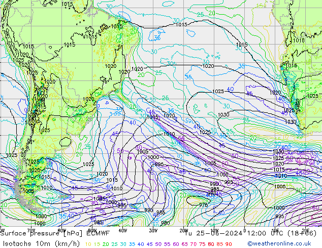 Isotaca (kph) ECMWF mar 25.06.2024 12 UTC