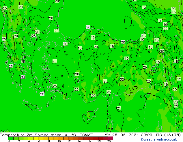 Temperature 2m Spread ECMWF We 26.06.2024 00 UTC