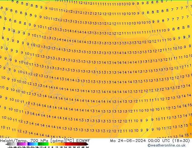 Height/Temp. 700 hPa ECMWF Po 24.06.2024 00 UTC