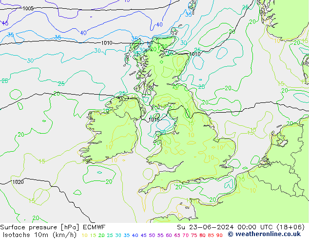 Isotaca (kph) ECMWF dom 23.06.2024 00 UTC