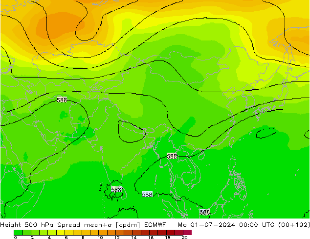 Height 500 hPa Spread ECMWF Seg 01.07.2024 00 UTC