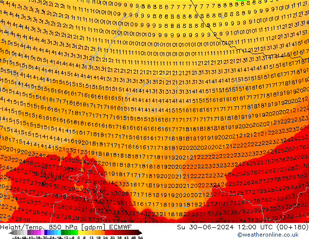 Height/Temp. 850 hPa ECMWF Su 30.06.2024 12 UTC